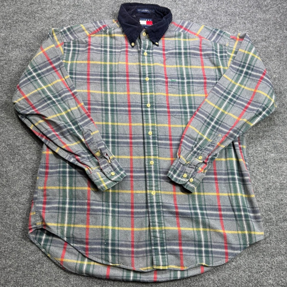 Tommy‎ Hilfiger Button Down Mens L Gray Plaid Corduroy Collar Long Sleeve